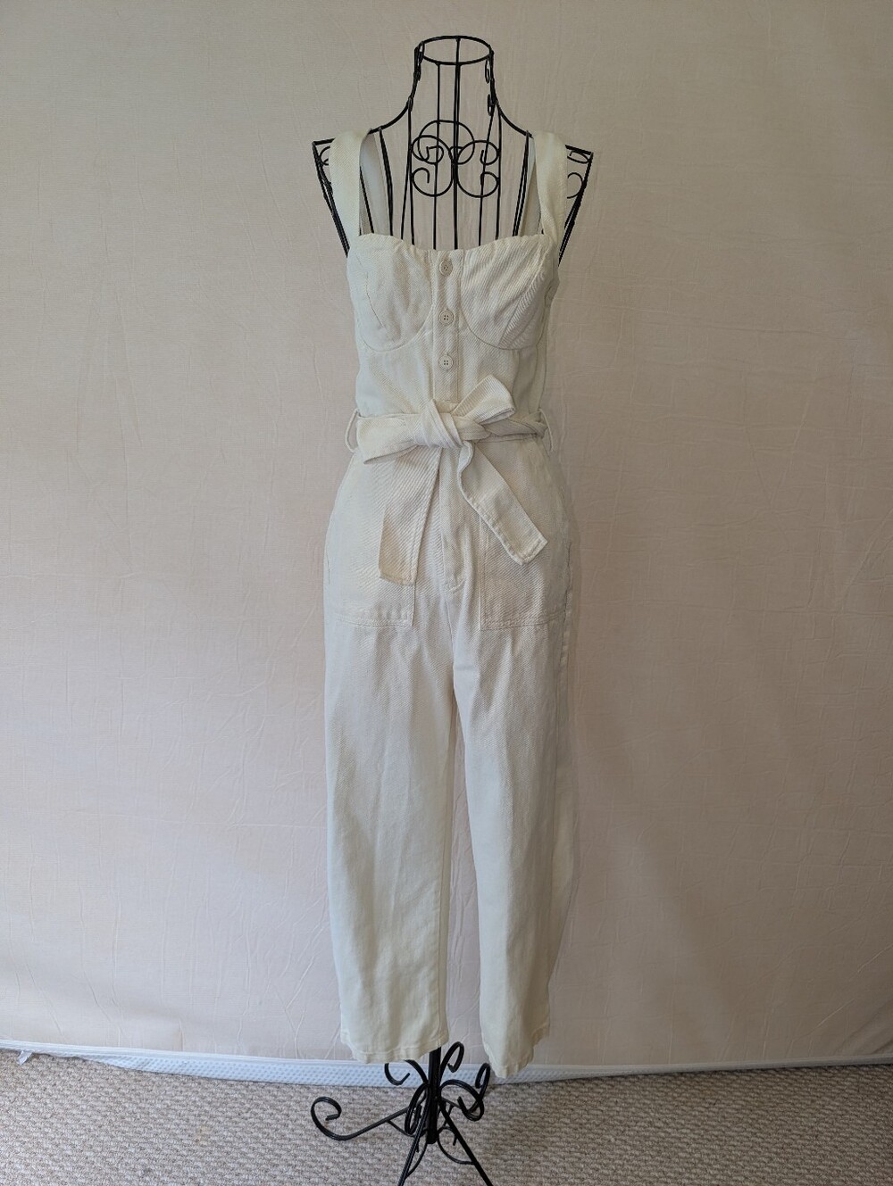 Cream Linen-Blend Sleeveless Jumpsuit with Waist Tie